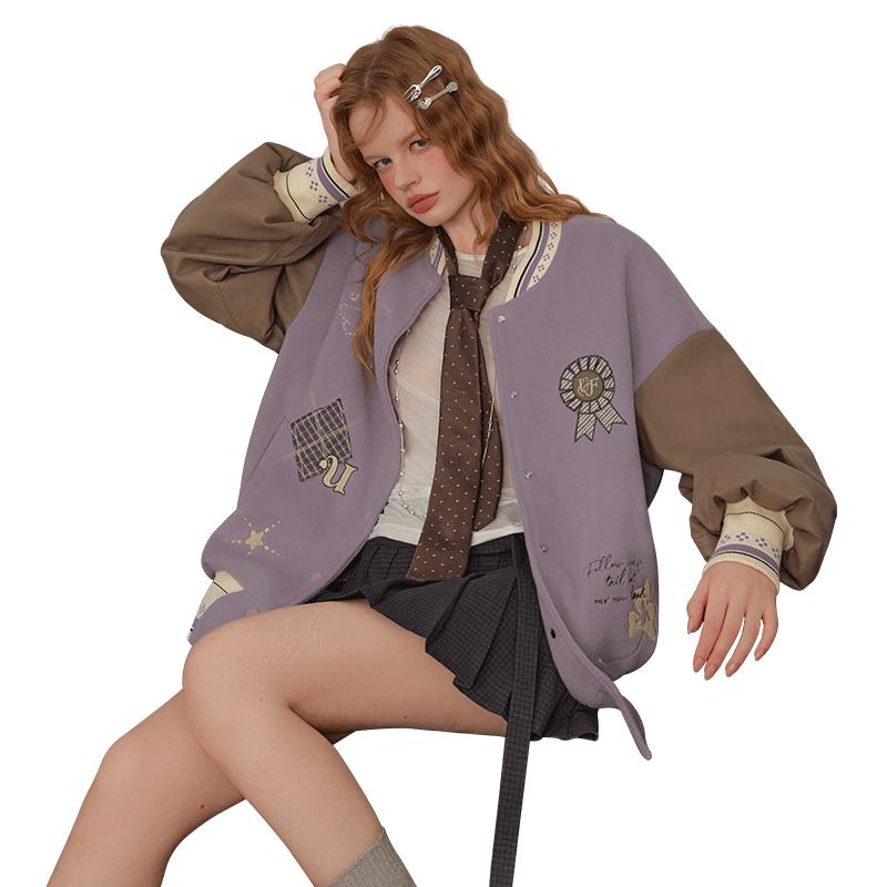 unifree American Campus Style Embroidered Wool Blend Varsity Jacket