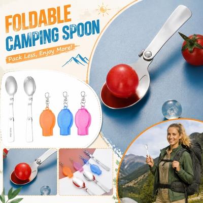 304 Stainless Steel Foldable Camping Spoon Portable Outdoor Travel Utensil with Compact Storage Case Keychain Attachment for Hiking Backpacking