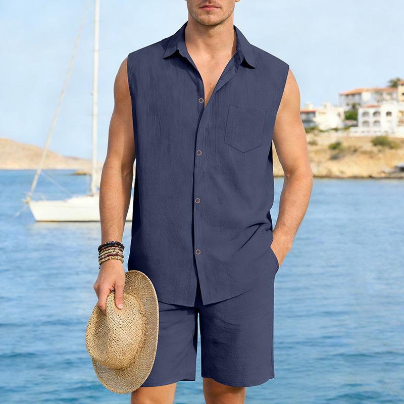 Men's European and American Linen Casual Short-Sleeve Button-Down Shirt & Vest Shorts Set