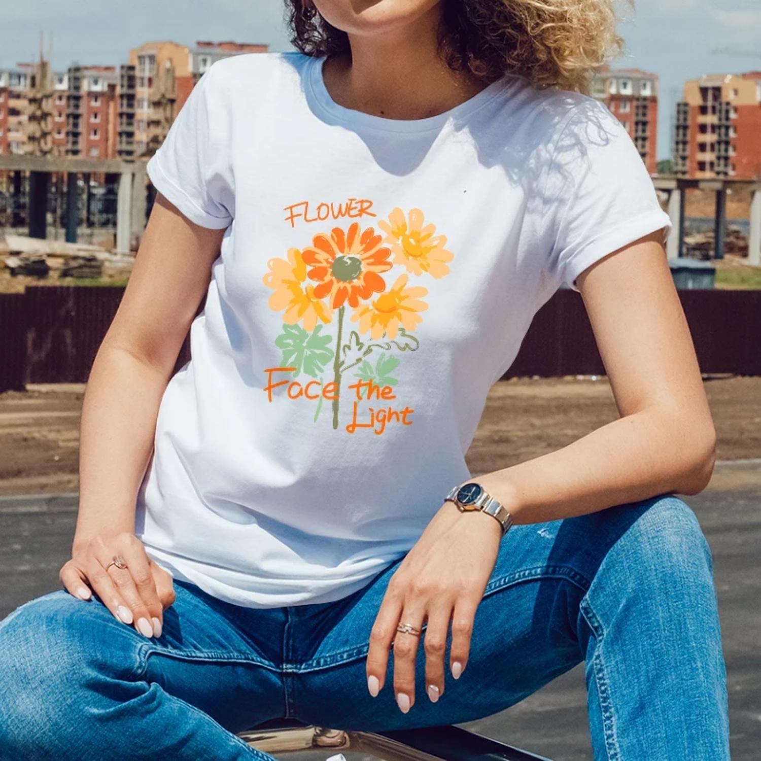 

Women s Short Sleeve T-Shirt Flower Face the Light In spirational Print for Outdoor Days Young Women with an Optimistic Style XXXXXL