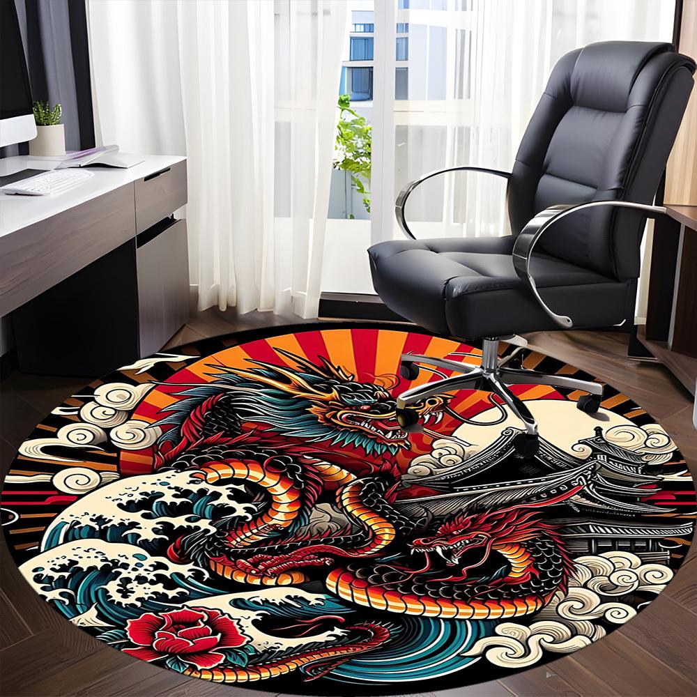 1PC Dragon Wave Design Office Round Rug, Non slip, Soft and Durable Office Rug for Interior Decoration, Perfect for Office