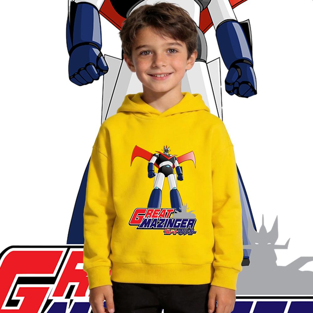 Stylish New *Mazinger Z* Print Kids' Fleece-Lined Hooded Sweatshirt – Warm, Comfortable, and Thick; Casual Autumn/Winter Outdoor Pullover (Unisex)