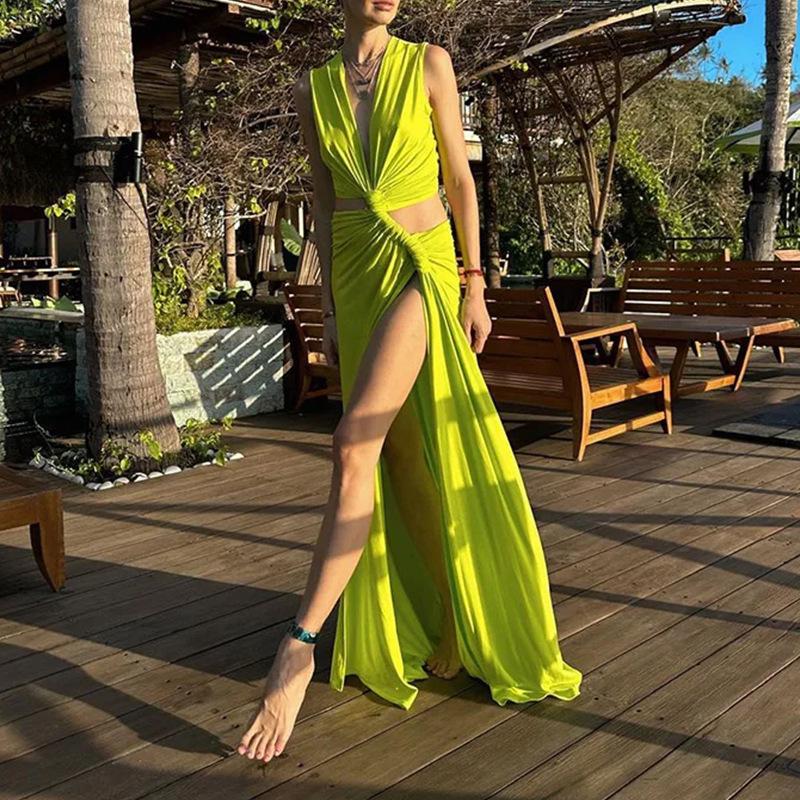 European And American Ladies Long Skirt Summer Hollow Knot Slit V-neck Sleeveless Pleated Irregular Dress