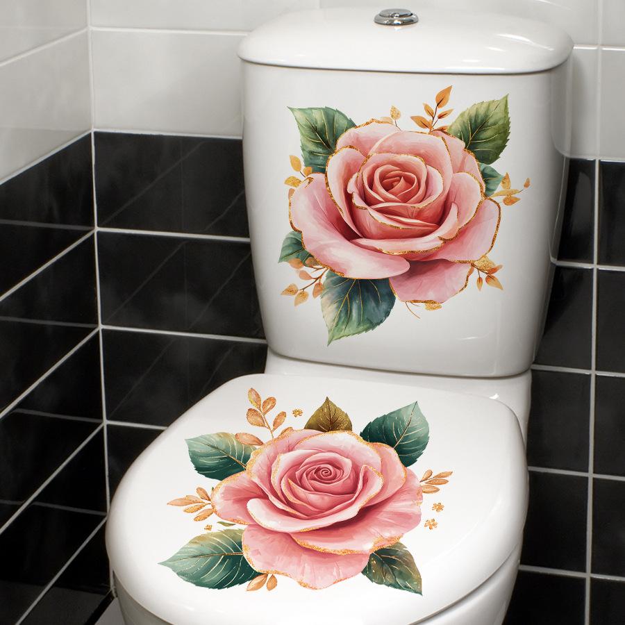 Luxury Gold Rim Floral Toilet Tank and Seat Decoration Sticker Self-Adhesive Easy Peel Removable for Bathroom WC
