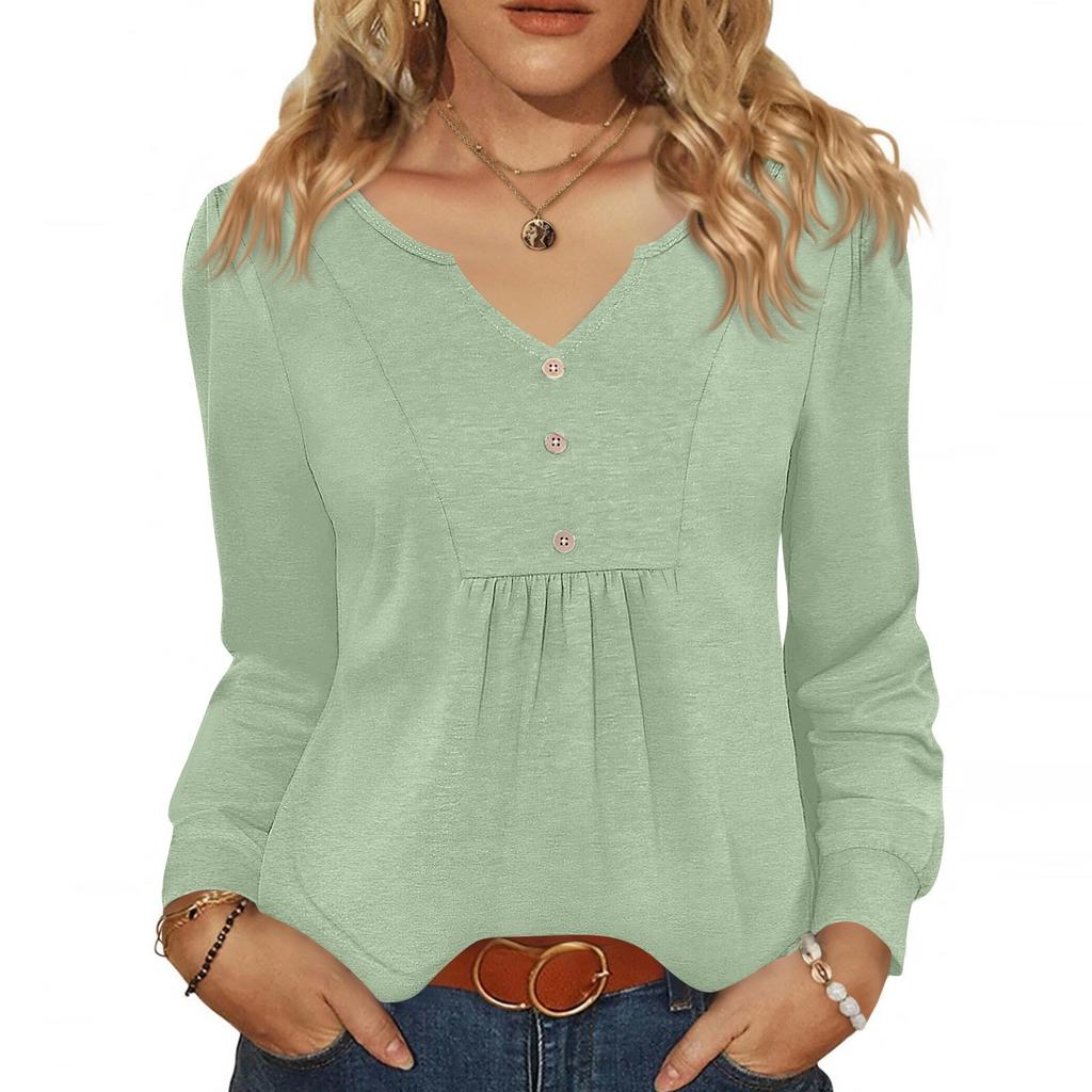 Women's Fashionable Casual V-neck Blouse Button Long-sleeved Pullover T-shirt Top