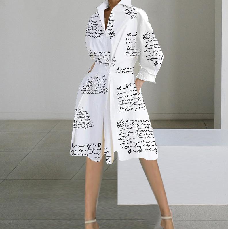 Autumn New Fashion Long-sleeved V-neck Printed Medium and Long Dress Women's Clothing