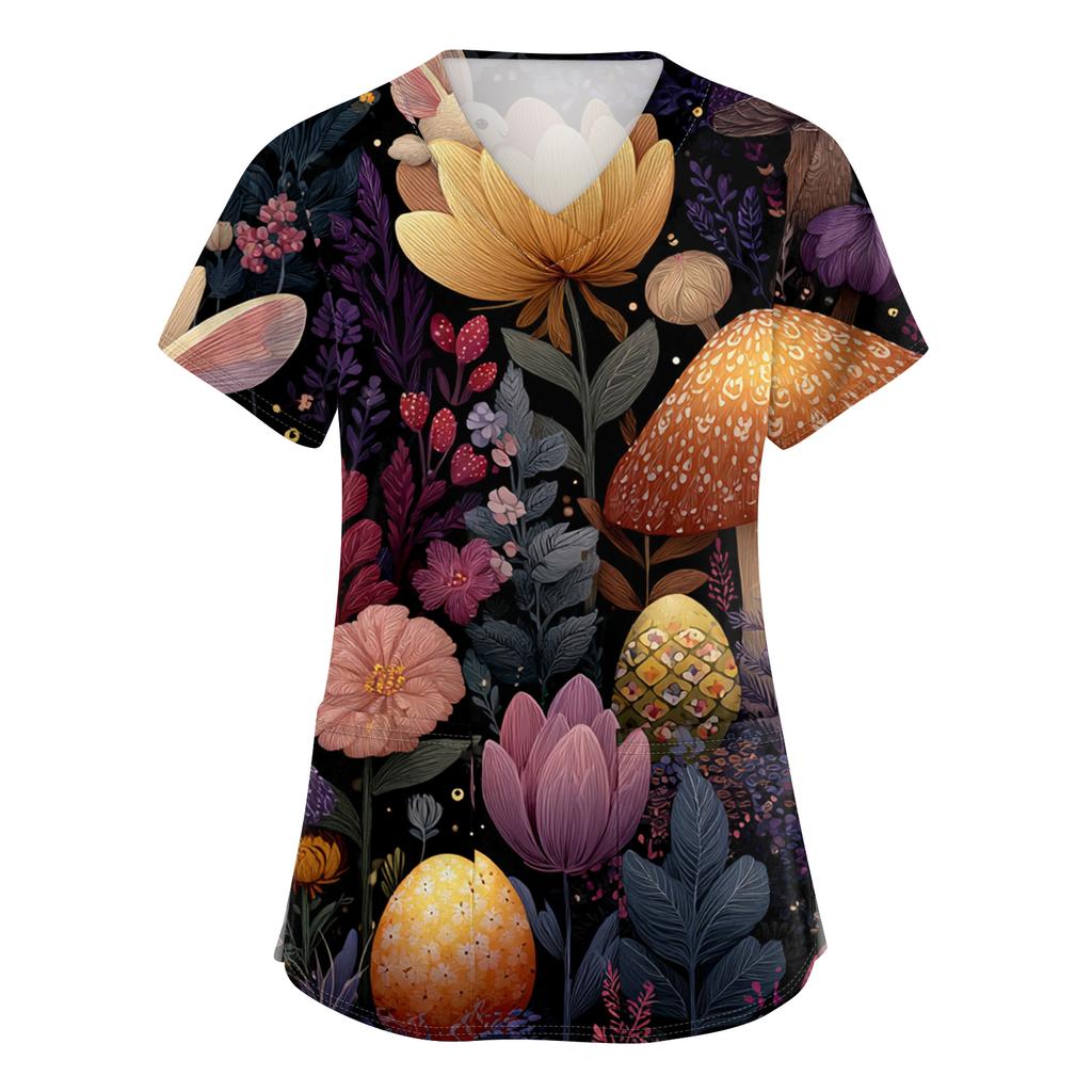 Women's Fashion V-Neck Short-Sleeved Workwear With Pockets Easter Print Top Caregiver Uniform