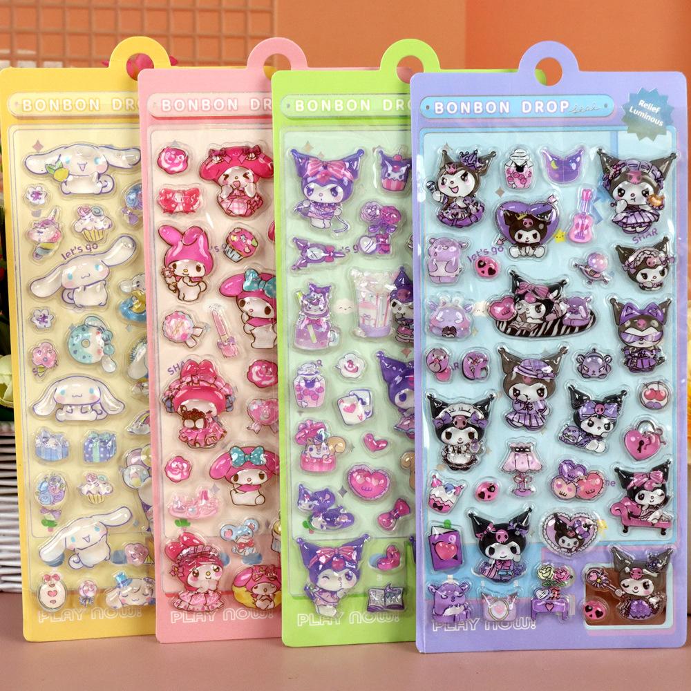 2026 Cute Cartoon Sanrio 3D Relief Stickers Aesthetic Kawaii Kuromi My Melody Cinnamon Anime Decals Crystal Decoration Sticker