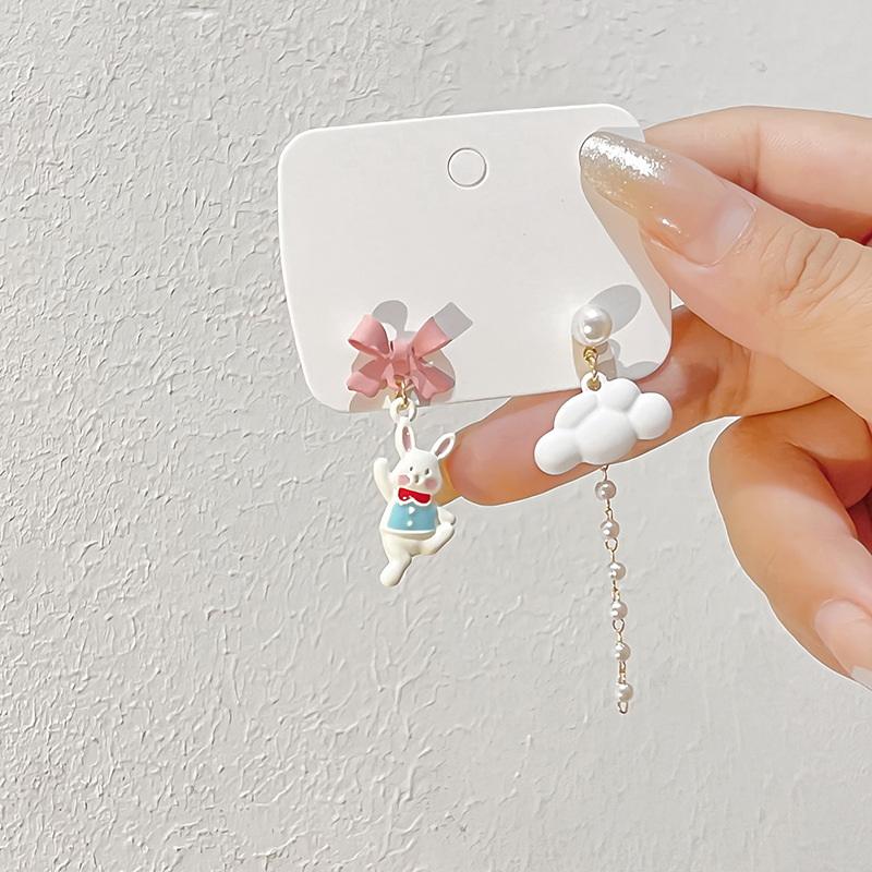 

Korean Fashion Bow Cute Animal Kitten Dangle Earrings for Women Sweet Flower Rabbit Asymmetric Tassel Earrings Party Zircon