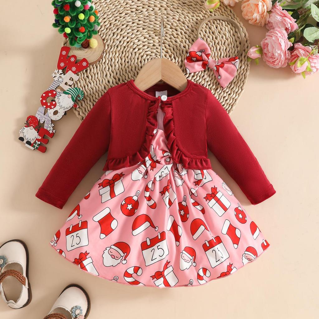 Baby Girl Christmas Wool Coat Dress & Headband Set - Gingerbread & Reindeer Theme