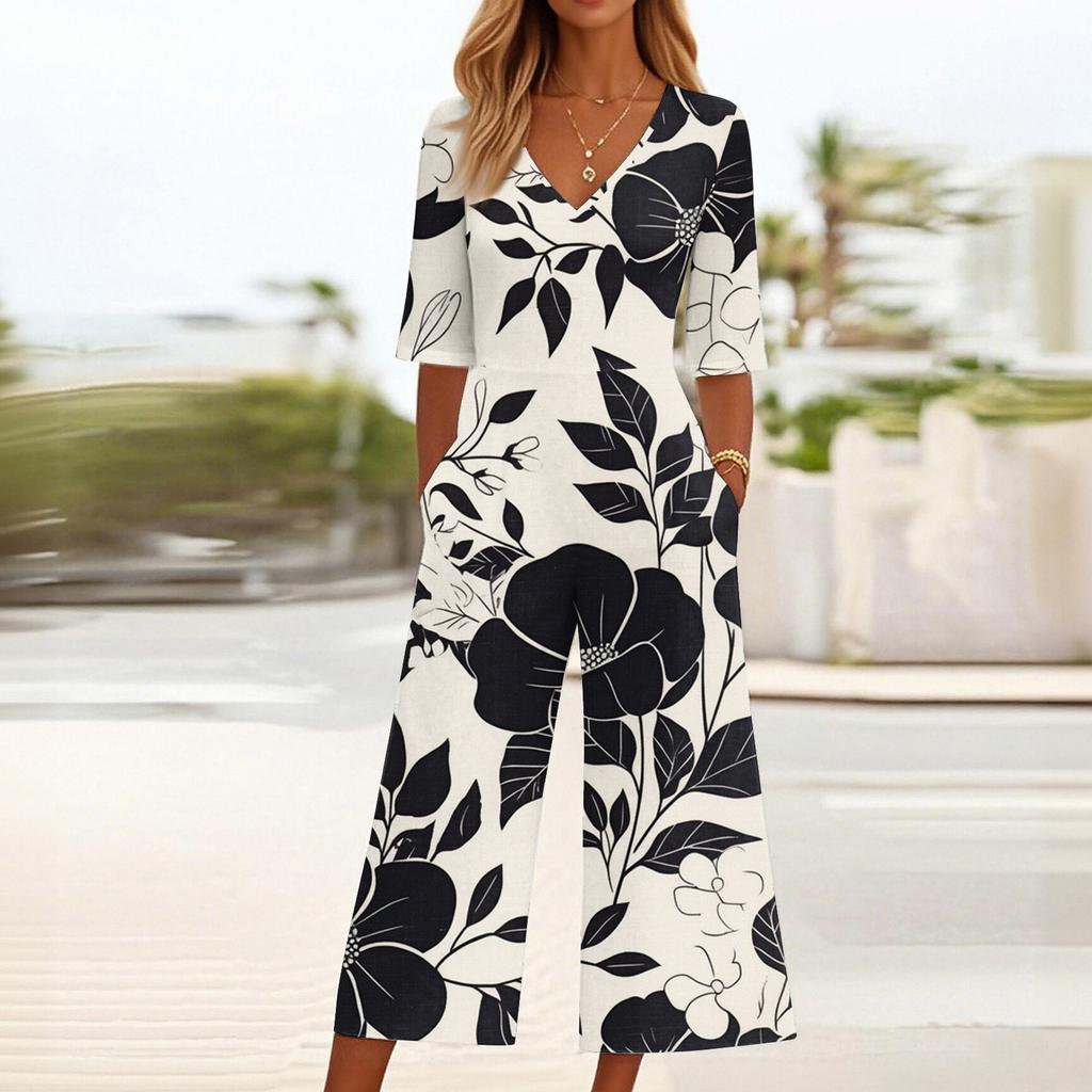 Women's Loose Casual V-Neck Printed Jumpsuit Slim Fit Wide Leg Jumpsuit Wide Leg Jumpsuit