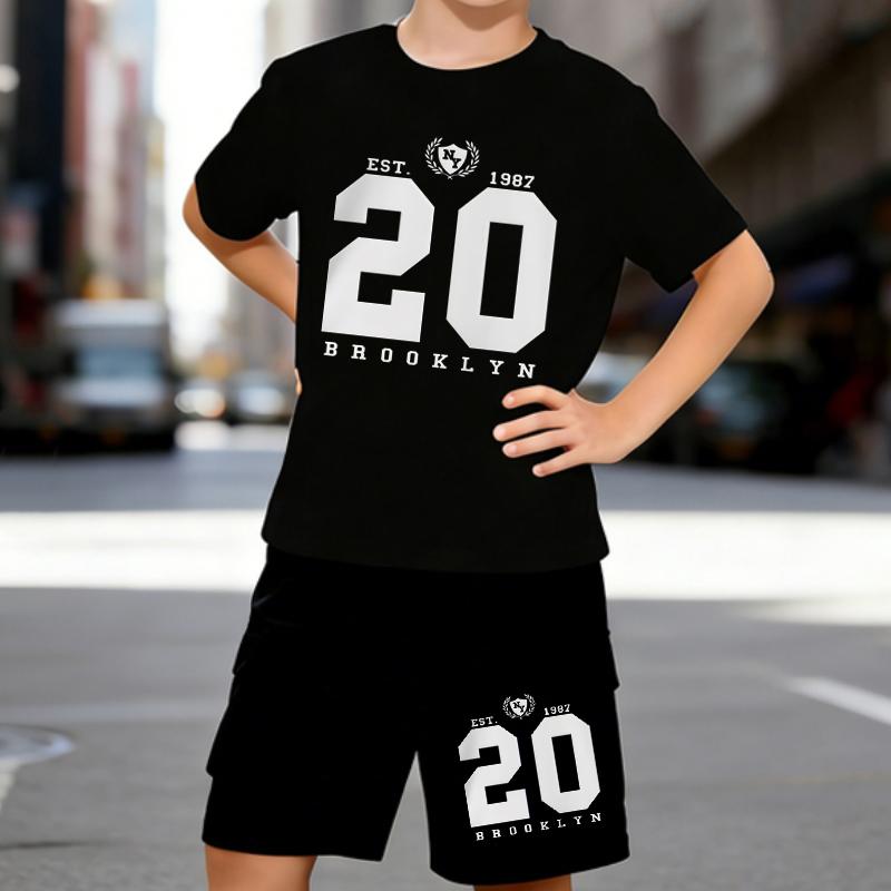 

Boys 2 Piece Digital Printed Outfit, Short Sleeve T-Shirt and Shorts Set for Kids Age 5-14,Black and White Sporty Casual Summer Clothes 5-6 Years чёрный