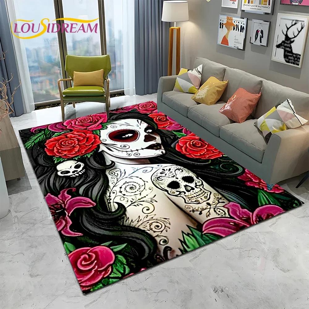 Horror Gothic Female Skull Dead Girl Teppich Teppich für Zuhause Wohnzimmer Schlafzimmer Sofa Fußmatte Dekor, Kinderbereich Teppich rutschfeste Bodenmatte