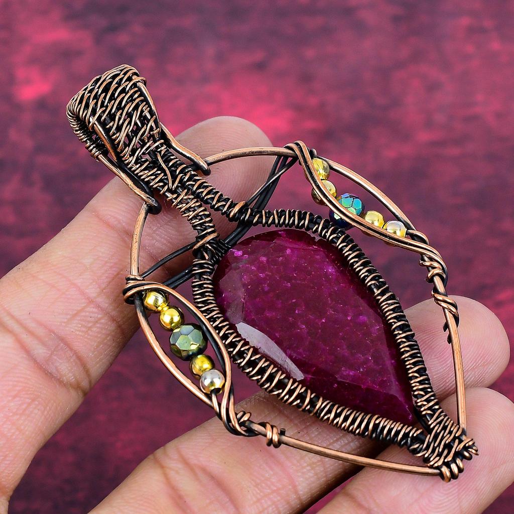 Faceted Kashmir Ruby Pendant Genuine Gemstone Pendant Copper Wire Wrapped Jewelry