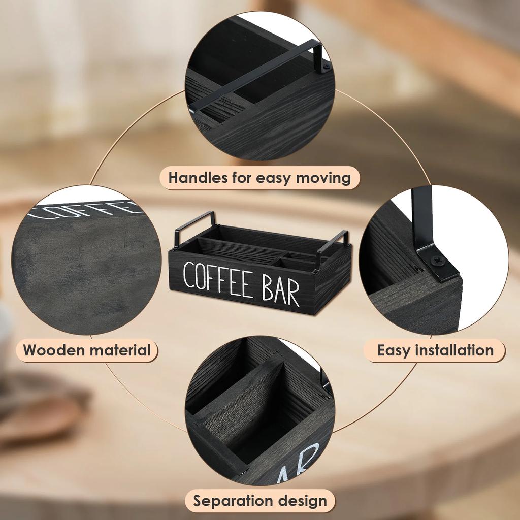 4 Compartments Coffee Bar Organizer Wooden Coffee Station Countertop Storage Box for Stacked Coffee Cup,Creamers,Coffee Tools