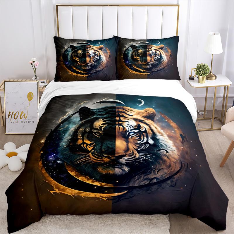 3pcs Twilight Tiger Quilt Set Cartoon Themed Bed Quilt Set Lovely Character Bedroom Decor Bed Quilt Set Four Seasons (1 Cover + 2Pillowcase NO Co