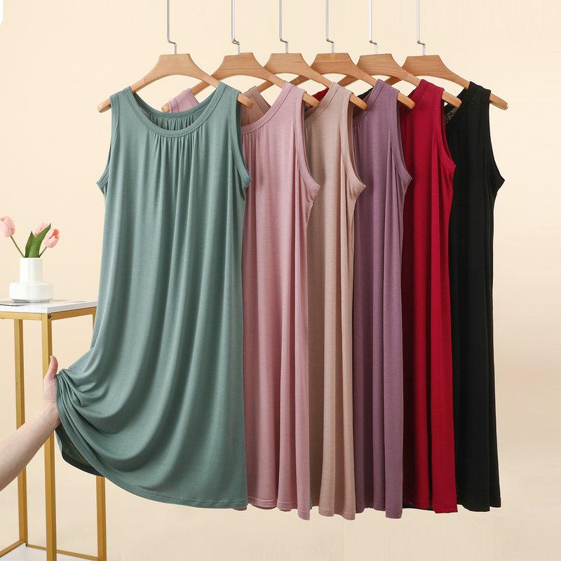 Summer Women's Modal Ruched Round Neck Sleeveless Sleep Dress Loose Casual Plus Size Simple Tank Dress Nightgown Loungewear