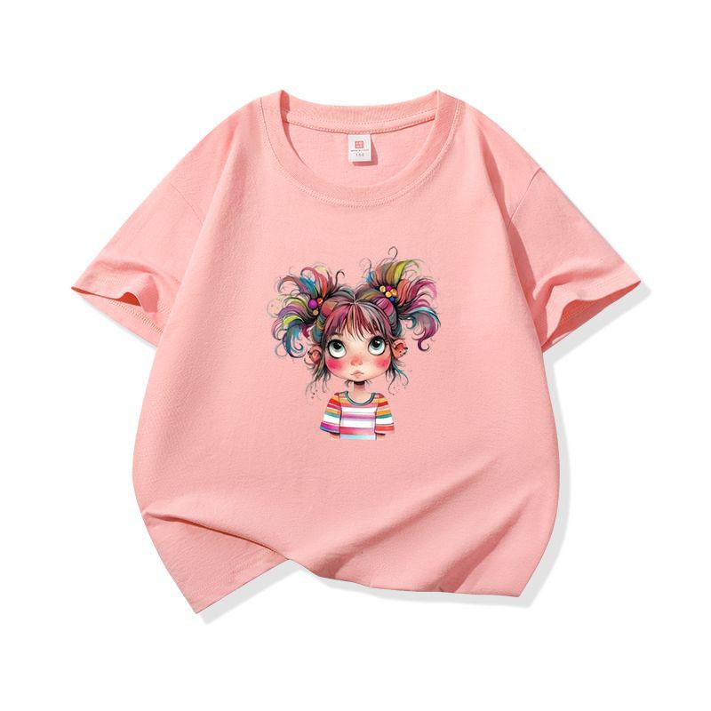 Kids Cotton T Shirt Bright Rainbow Hair Girl Watercolor Print Crew Neck Short Sleeve Tee Casual Boys Girls Summer Tops