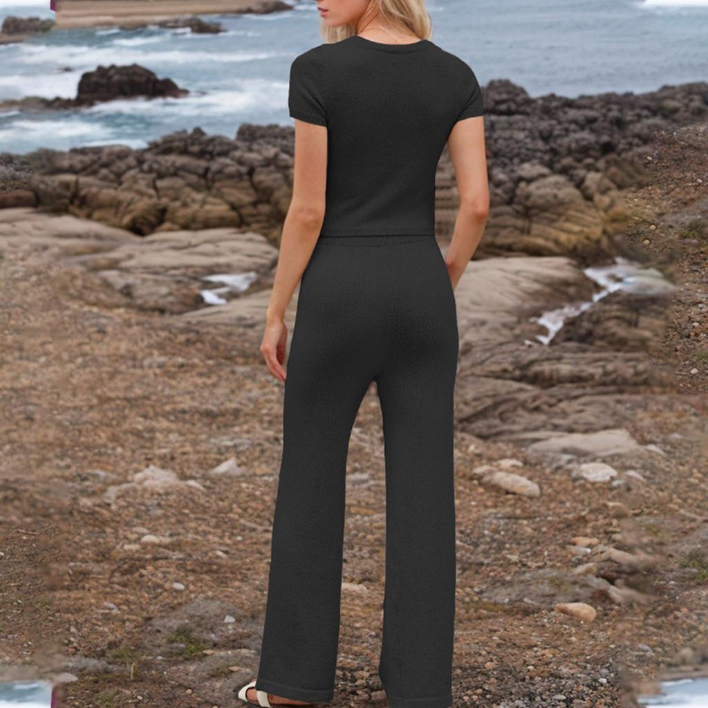 Women's Fashion Vacation Beach Round Neck Casual Loose Short Sleeve Pants Suit