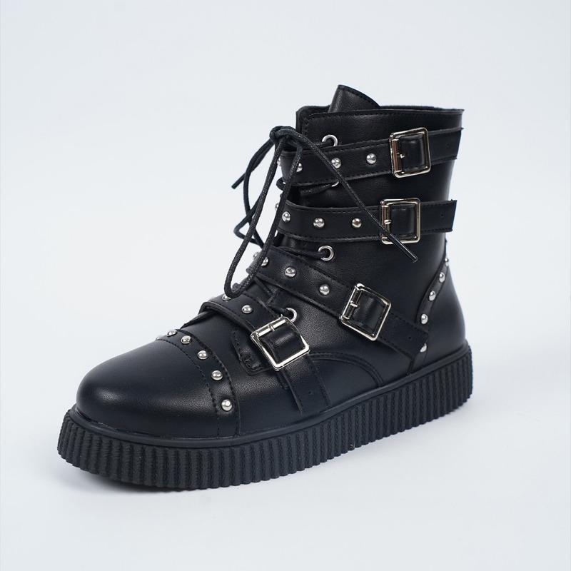 Fashion Spring New Flat Boots Women Fashion Round Head Rivet Front Lacing Side Zipper Anti-slip Wear-resistant Short Boots