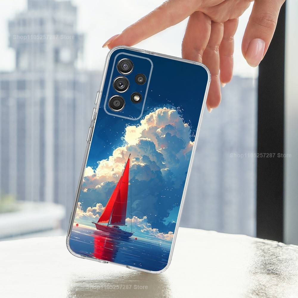 Painting Art Sailing Boat Phone For Samsung A30,71,51,S20,10,9,Ultra,FE,Lite, S21,23,22,PIus,Transparent, Silicone Case