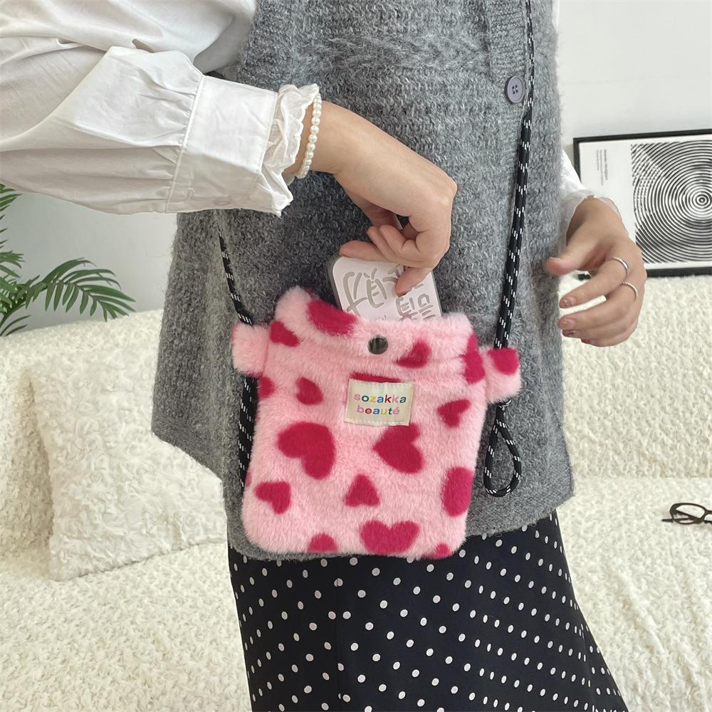 New Plush Dot Crossbody Bags for Women Cute Pink Shoulder Bag Handbag Purses Portable Phone Pouch