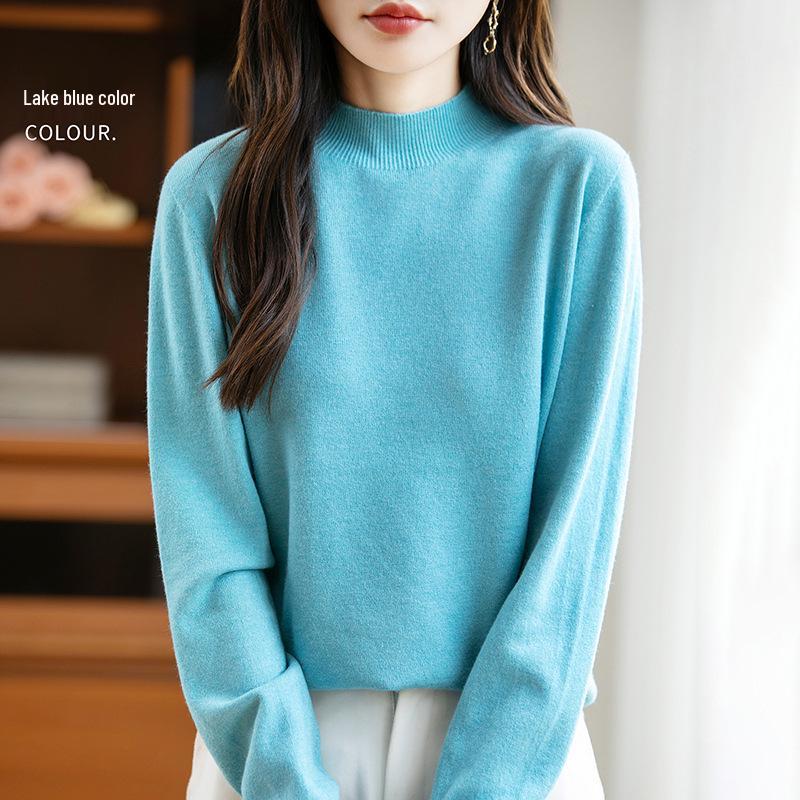 Elegant Autumn Velvet Knit Half-High Neck Sweater for Women - Long Sleeve, Loose Fit Pullover