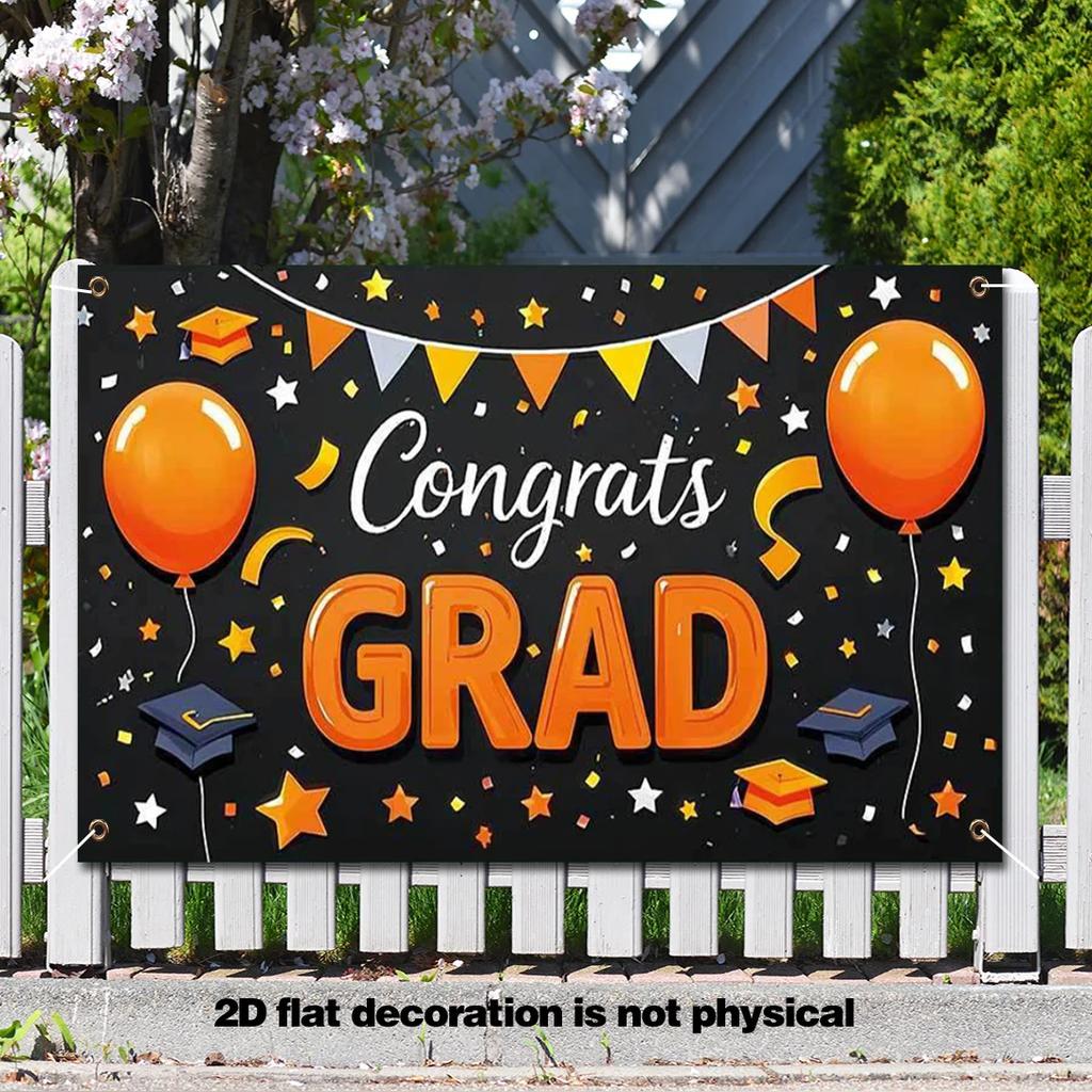 2D plane 1PC Baop graduation banner made of polyester. It has a black background and is decorated with orange balloons.