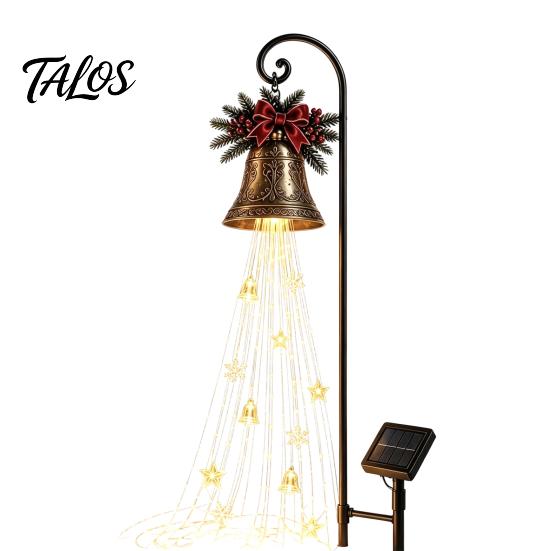 Decorative Lawn Bells for Christmas Solar Bell Waterfall Light, LED Metal Garden Stake with Red Ribbon, Powered Yard Accents Auto On/Off, Waterproof