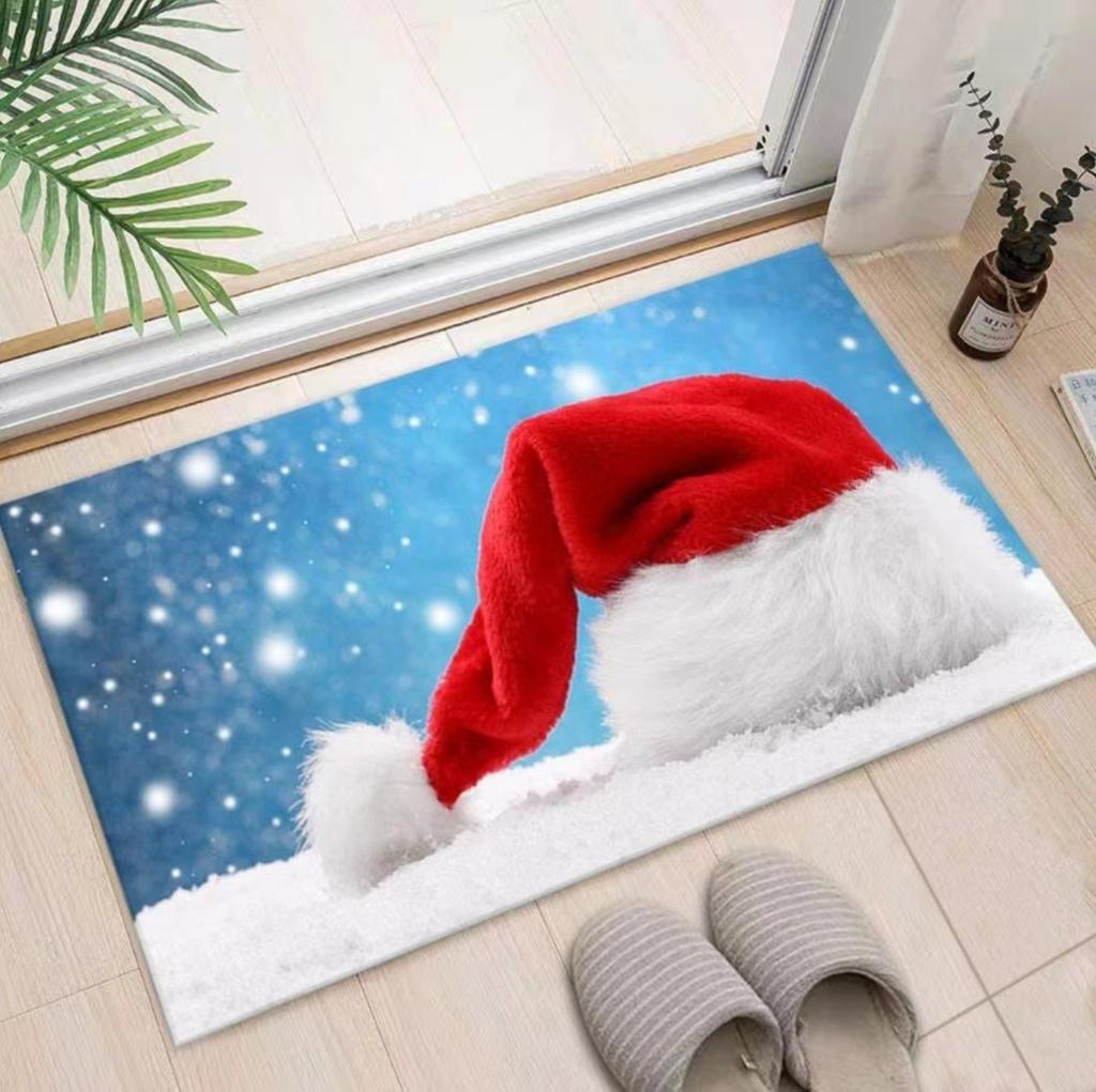 Christmas Themed Door Mat with Santa Claus Elk Snowman Pattern Non Slip Absorbent Indoor Outdoor Welcome Mat for Home Decor