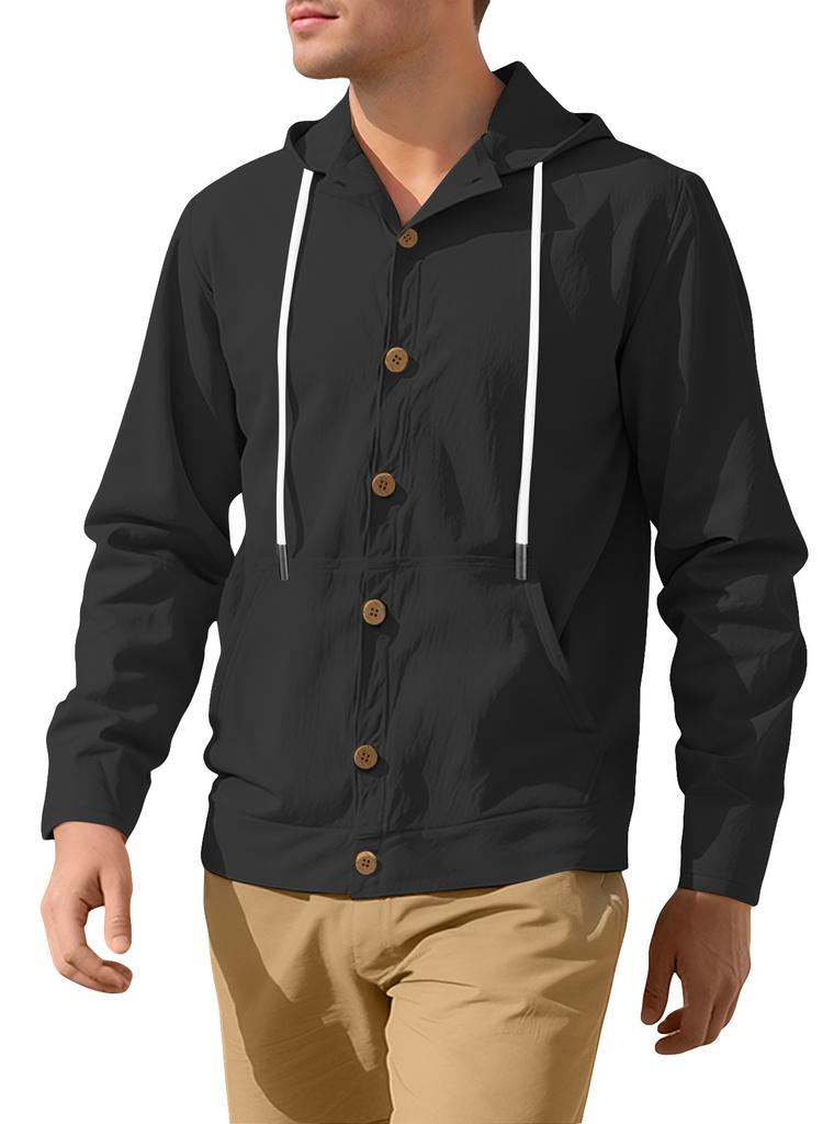 Herren Frühling Herbst Button-Down-Hemd, Lockere Baumwoll-Leinen Kapuzenjacke Langarm, Einfache Lässige Strand-Oberbekleidung