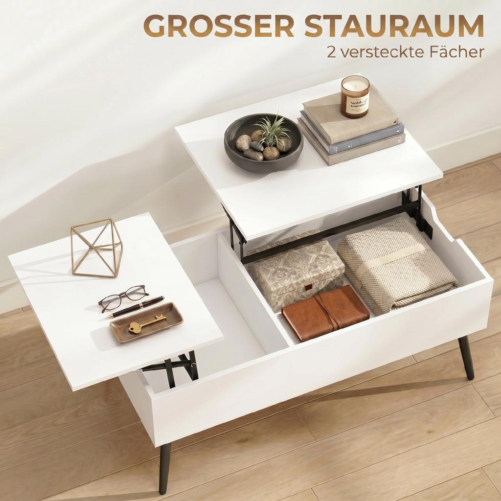 Height-Adjustable Coffee Table Living Room Table with Hidden Storage for Living Room, 50 X 100 Cm, White