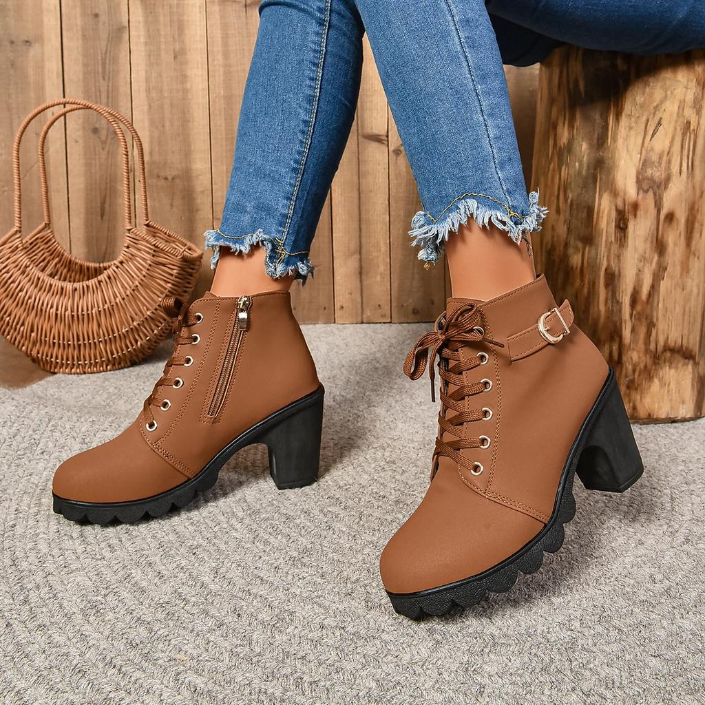 Women High Heel Ankle Boots Autumn Woman Fashion Short Boots Ladies Buckle Platform Artificial Leather Booties Botas De Mujer
