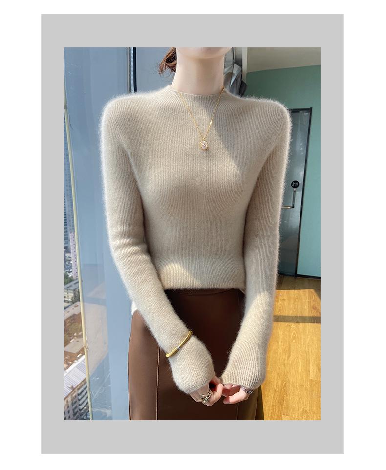 Women's Slim-Fit Wool Sweater - Autumn/Winter, Versatile Cashmere Knit, Half-High Collar