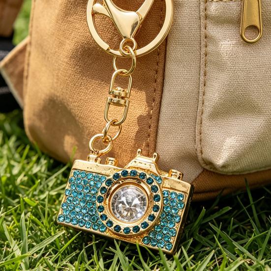 Portachiavi Ciondolo Strass Intarsiati Design Fotocamera Portachiavi con Moschettone Anti-Ossidazione Accessorio per Zaini