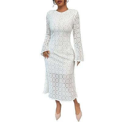 Womens Elegant White Long Lace Dress Fall Casual Long Sleeve Wedding Guest Dresses Ladies Modest Cocktail Party Gowns