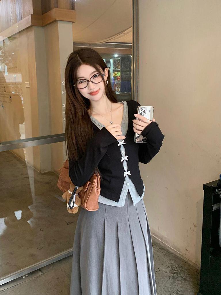 Reiner Süßer Mädchenstil: Zweiteiliges Langarm-T-Shirt & Halbkörperrock-Set für Damen