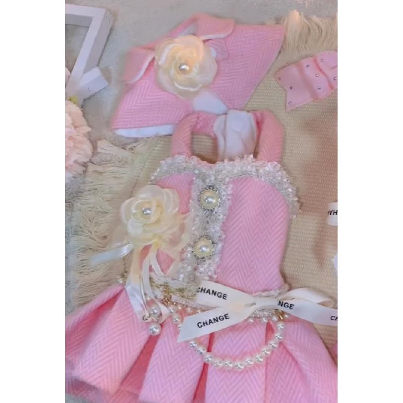 Pink Luxury Pearl Magnolia Design High-End Custom Pet Dress Set Winter Clothes Suit For Small Dog
