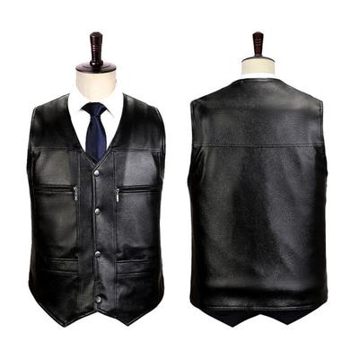 Hommes Automne Hiver Gilet Faux Cuir Épais Peluche Col en V Multi Poches Sans Manches Simple Boutonnage Chaud Coupe-Vent Couleur Unie Hommes D'âge Moyen Père