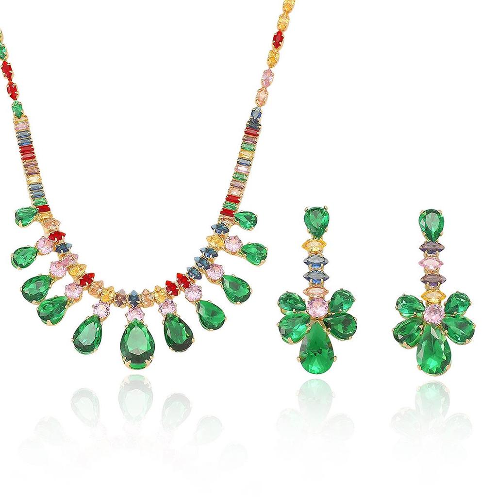 European & American Style Zircon Emerald Necklace & Earrings Set: Plum Blossom Design for a Fashionable, Elegant Look.