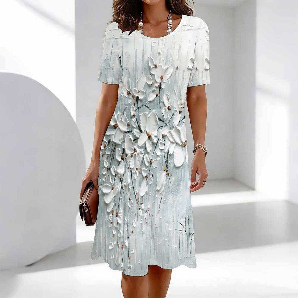 Women's Fashion Graceful Beautiful  Flowers  Print Summer Spring Short Sleeve O-Neck Casual Dresses
