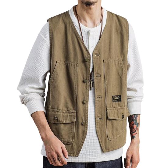 Jarní podzimní rybářská vesta Jednobarevné Kapsy Bez rukávů Výstřih do V Korejský styl Volná vesta pro outdoor