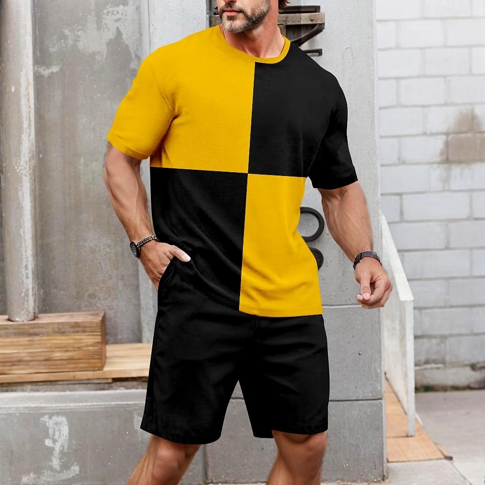

Men s Color Block 2pcs Tees sets Summer Tops Short Sleeve Short Pants Crew Neck Sport Casual Outdoor Vacation Sport 3D Print Summer Green Yellow Blue XL