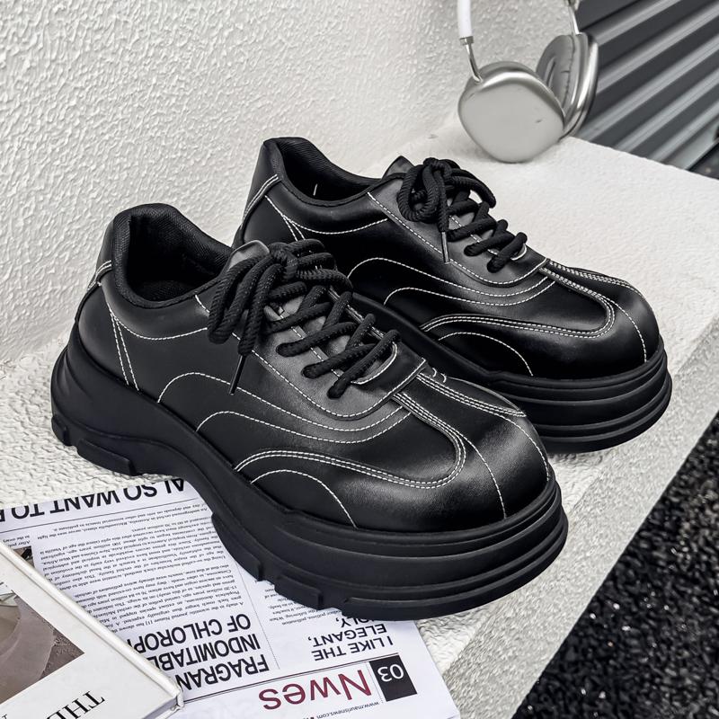 New Men's Casual Leather Shoes Thick-soled Retro Round-toe Derby Shoe Outdoor Sports Black Small Leather Shoes Men Casual Shoe