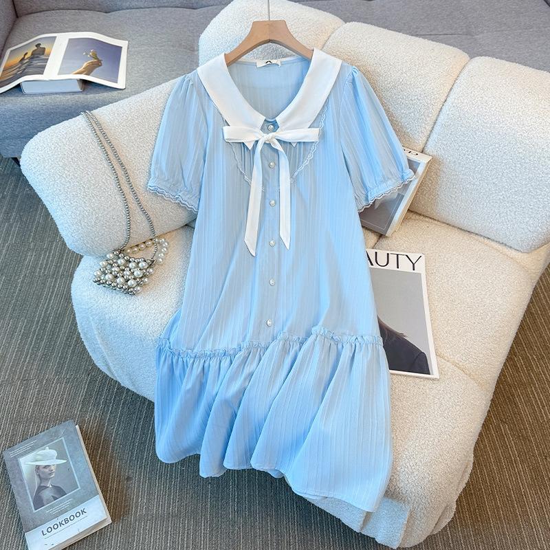 A New Summer Dress for Plus-size Women, Featuring A High-end Doll-neck Tie and A Fresh, Sweet Look