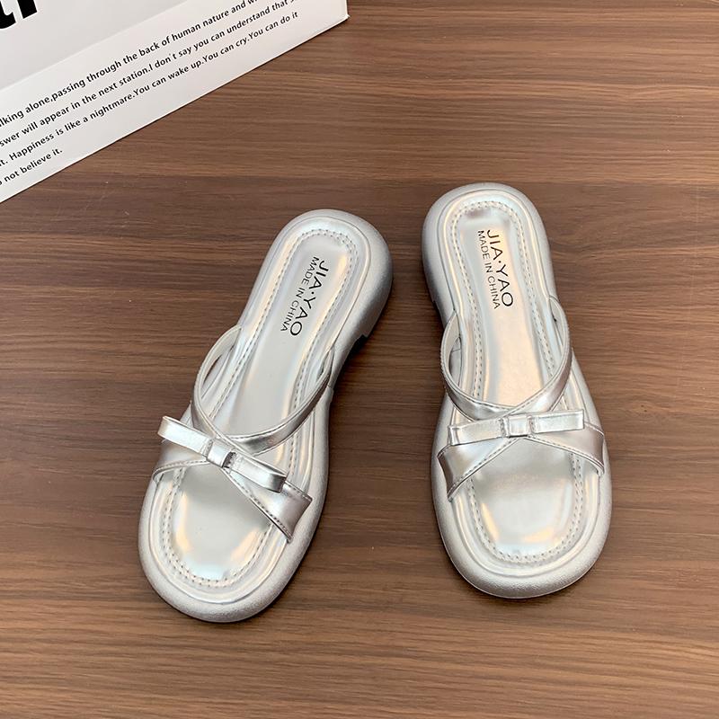 Summer Women Bow Decor Crisscross Strap Slide Sandals Low Block Heel Open Toe Non-Slip Sole Daily Office Casual Shoes 36