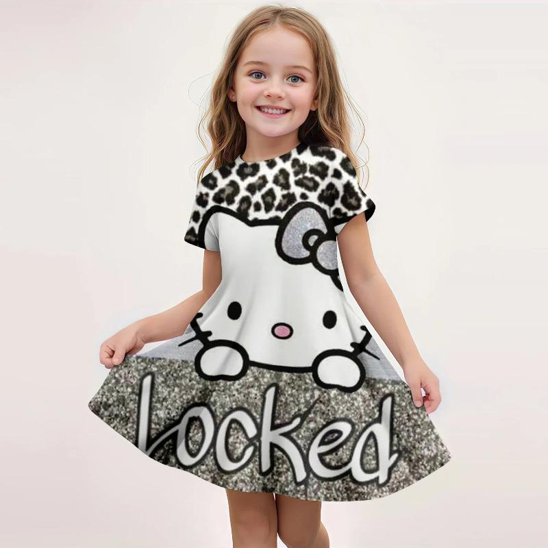 Popula Children's New Fashion Kawaii Girl Dress Cartoon Cute Hello Kitty 3D Printed Princess Dress Short Dress Comfortable Home