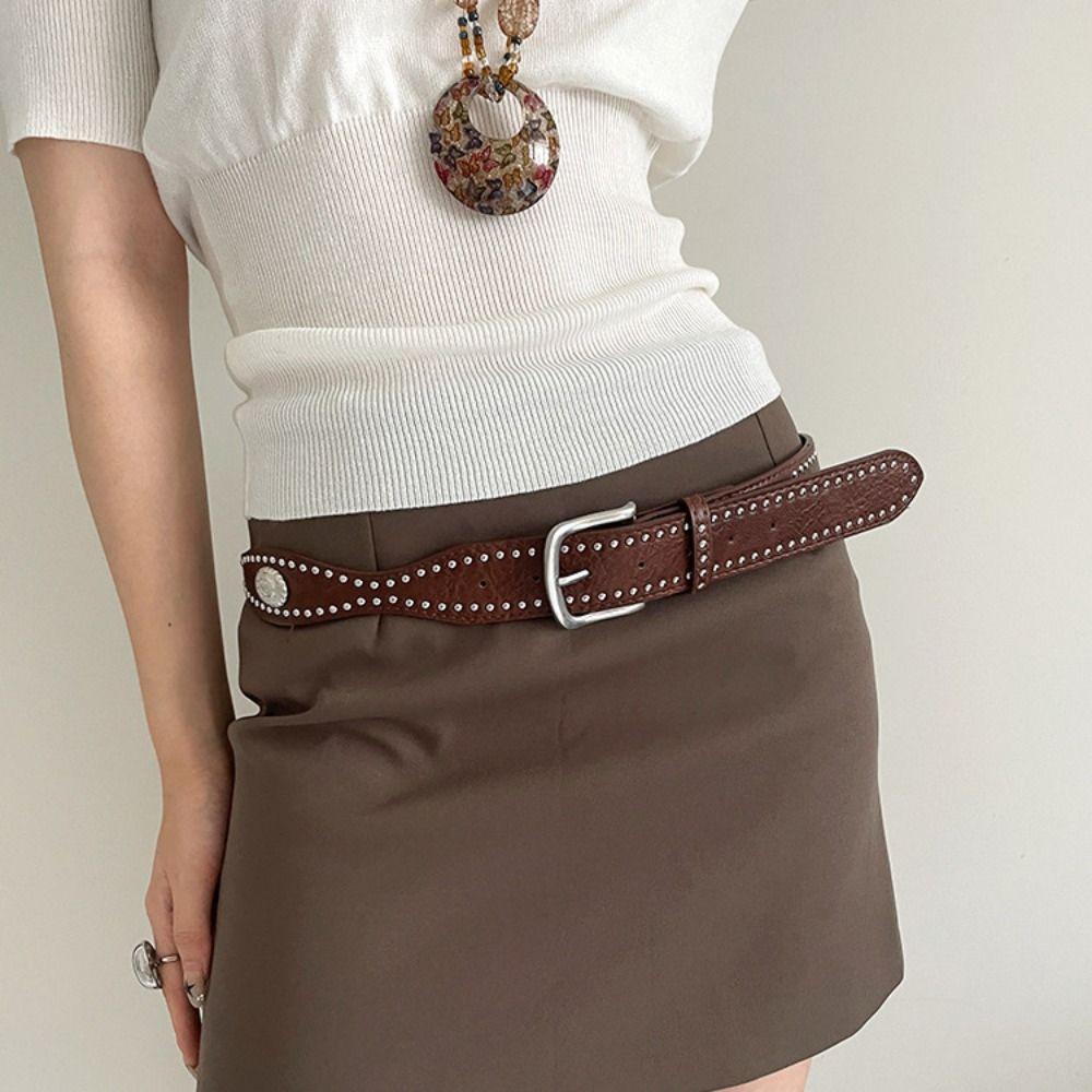 Maillard Women Rivet Belt Vintage Punk Style Belt Fashion Wide Leather Waistband Pants Accessories