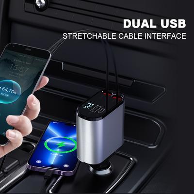 18/60/140W 4 IN 1 Retractable Car Charger USB Type C Cable For IPhone Samsung QC3.0 Fast Charge Cord Cigarette Lighter Adapter