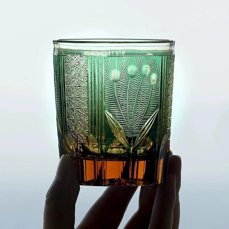 Exquisite Handmade Edo Kiriko Crystal Glass Amber Blue Color Peacock Pattern Whisky Glass Couple Drinking Cup With Gift Box
